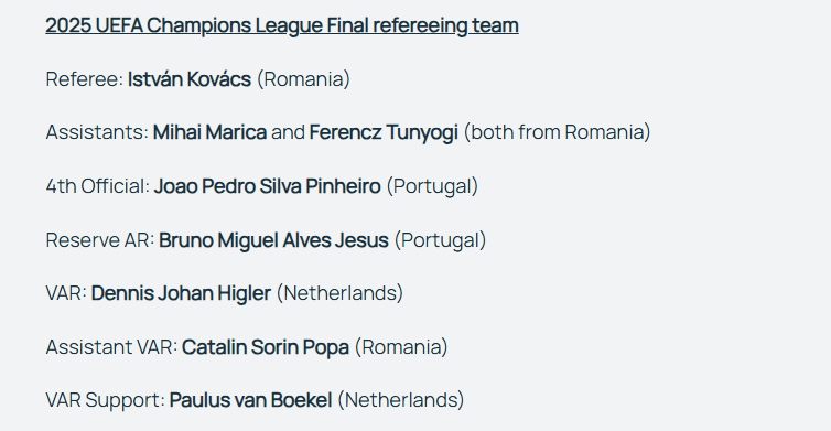欧冠决赛巴黎VS国米裁判安排出炉 罗马尼亚名哨执法